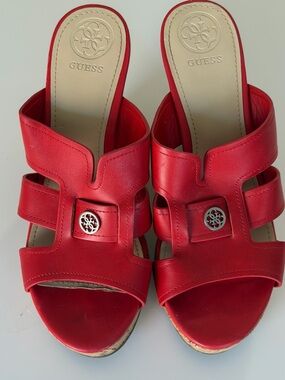 GUESS Red Leather Slide Mules with Logo Medallions